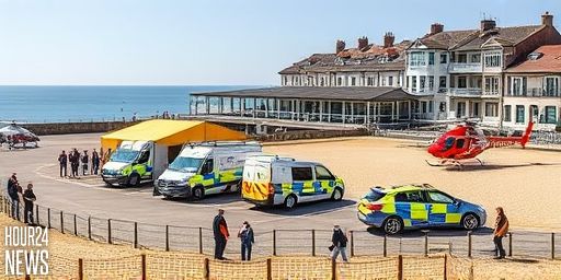 Emergency scene at Weymouth Pavilion: Coastguard helicopter, police and ambulances respond