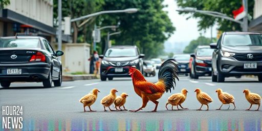 Slow-Down, Chickens Crossing: Drivers Yield as Hen and Chicks Safely Cross Singapore Road